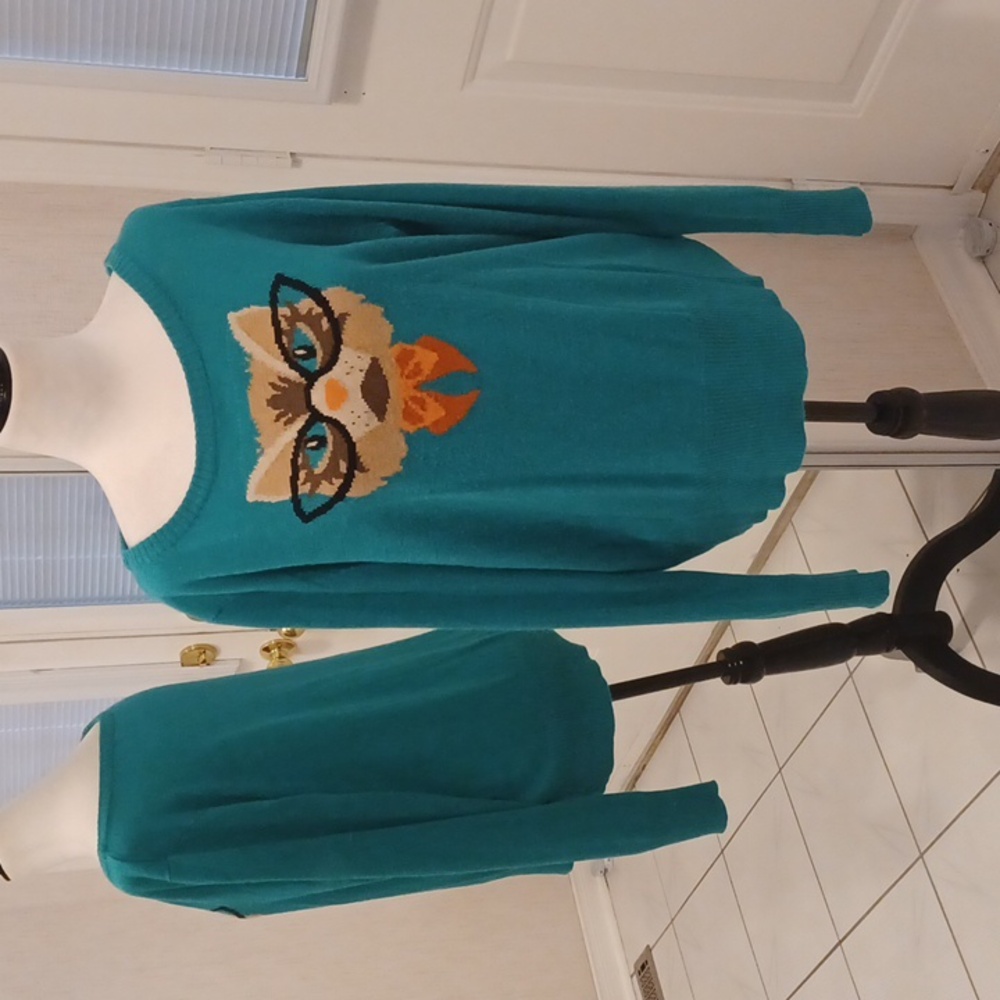 4/$40 Teal Sweater with Cat & Glasses Design - Fits Size L/XL